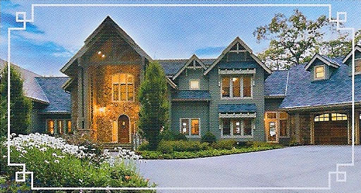 Dusk at this Arts and Crafts mountain home.