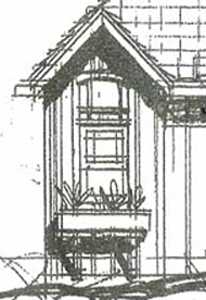 Detail work around Master Bath popout windows with a window box planter brings texture and interest to the elevations of this quaint and timeless compact=