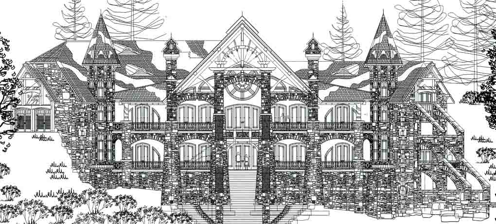 A family village design by That Architect, featuring a main castle.  The Architect also designed a Gate House with double living quarter, dog kennel, 4 car garage and lower level workshop.  Extensive site planning with long roadways through the mountains.  (C)Copyright 2004-2010 That Architect, All Rights Reserved Worldwide.